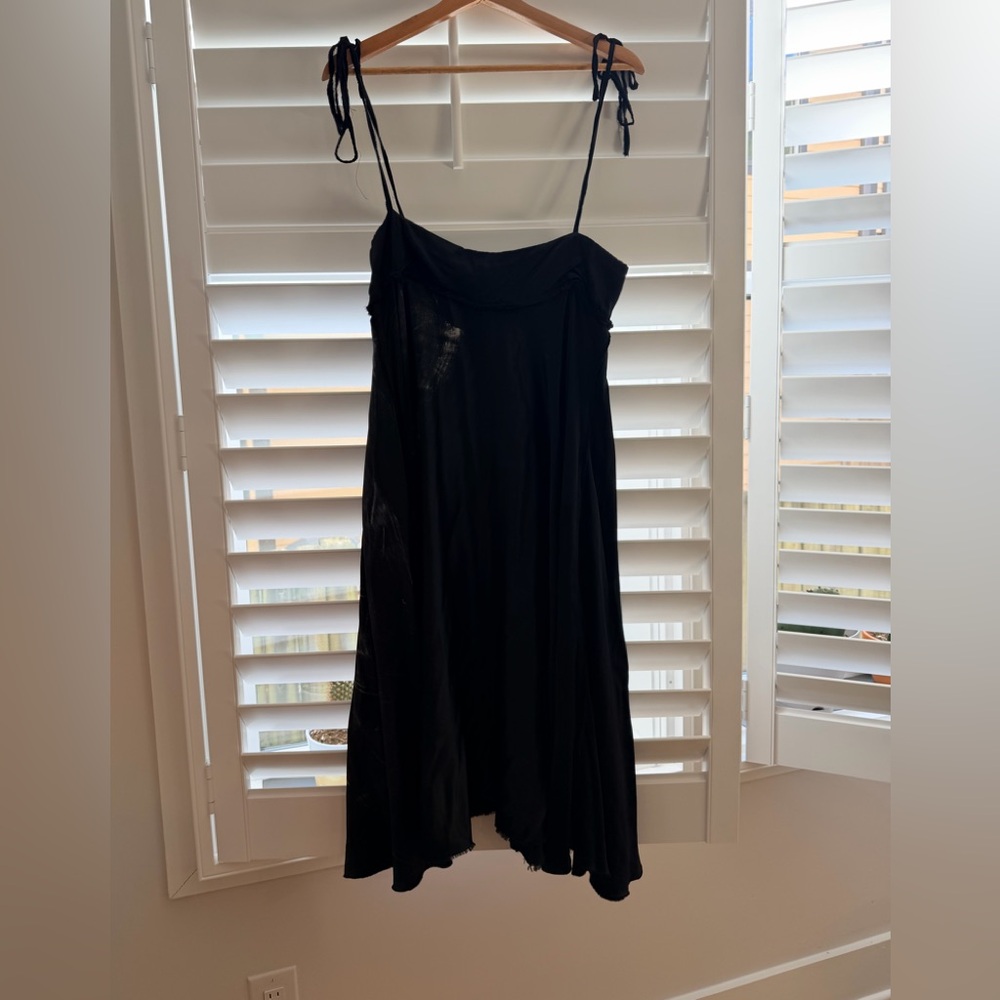 Jaga black satin dress adjustable tie straps and unfinished hem sz 2